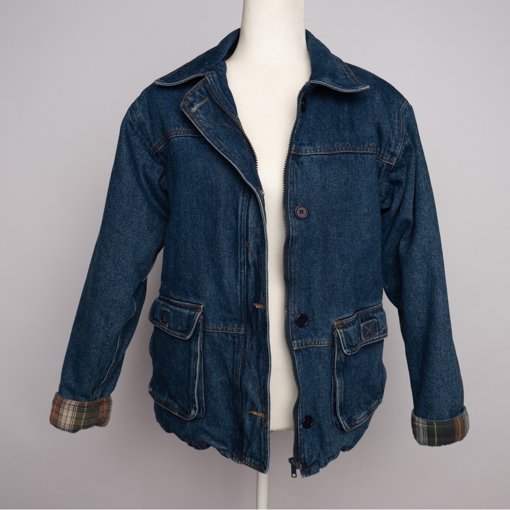 Vintage Denim Jacket with Plaid Lining